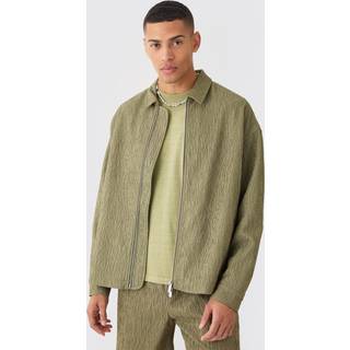 Mens Khaki Textured Satin Oversized Fit Zip Up Harrington Jacket