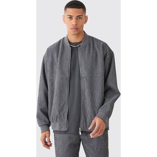 Mens Grey Blue Textured Satin Oversized Bomber Jacket