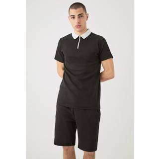 Mens Black Slim Fit 1/4 Zip Polo And Short Set