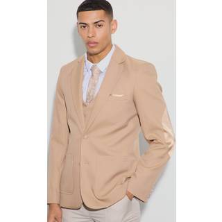Mens Tan Textured Elbow Patch Slim Fit Blazer