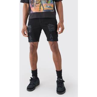 Mens True Black Skinny Stretch Distressed Denim Shorts In Black