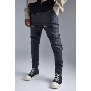 Mens Black Skinny Multi Zip Cargo Coated Twill Trouser