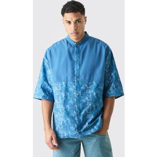 Mens Denim-Blue Camo Dropped Shoulder Ribbed Neck Shirt