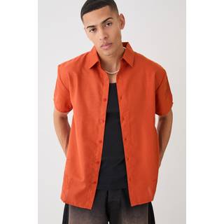 Mens Rust Oversized Linen Look Embroidered Hem Shirt