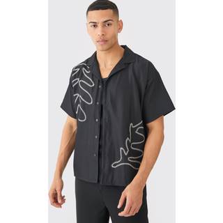 Mens Black Boxy Soft Twill Cartoon Leaf Embroidered Shirt