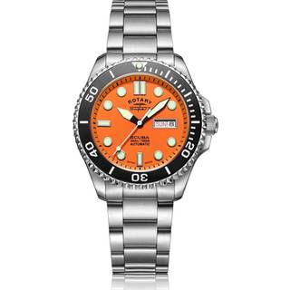 Rotary Super 7 SCUBA Automatic Orange Dial Ceramic Bezel Silver Stainless Steel Bracelet Men's Dive Watch S7S002B
