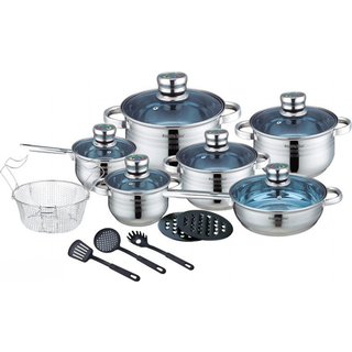 Cookware Set - Stainless Steel- 18Pcs- Blue Glass Lid - Royalty Line