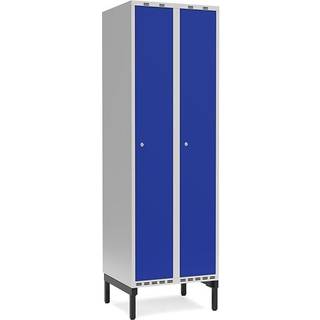 Garderobeskab 2x300mm m/lige tag, blå dør med cylinderlås og benramme