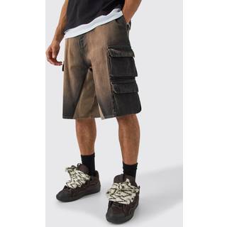Mens Orange Multi Cargo Pocket Gusset Detail Denim Parachute Shorts