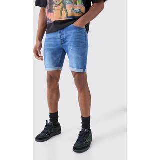 Mens Skinny Stretch Denim Shorts In Mid Blue