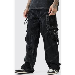 Mens Washed Black Tall Baggy Strap And Buckle Detail Jeans