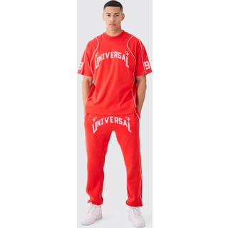 Mens Red Oversized Extended Neck Universal Graphic T-shirt And Jogger
