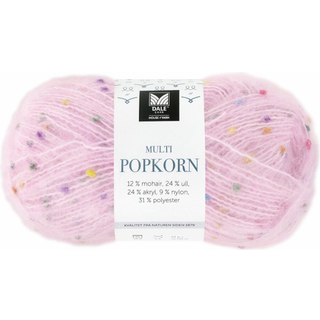 Dale Multi Popkorn 505 Rosa Indhold: 31% polyester, 24% uld, 24% akryl, 12% mohair & 9% nylon Vægt/længde: 50 gram = ca. 135 meter Anbefalede pinde: 4.00-6.00 mm Strikkefasthed: 10 cm = 18-14 m Kan maskinvaskes - Uldvask 30 °C / Brug ikke skyllemiddel / Tørres fladt.