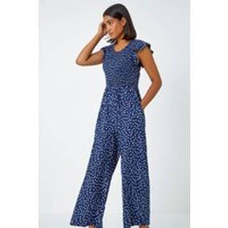 Roman Roman Blue Polka Dot Shirred Jumpsuit