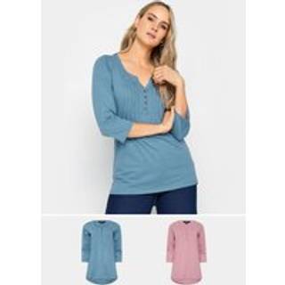 Lts 2 Pack Tall Blue & Pink Cotton Henley Tops 8 Lts | Tall Women's T-Shirts