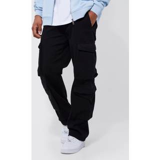 Mens Black Fixed Waist Relaxed Peached Twill 3d Multi Pocket Cargo trousers