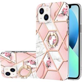 iPhone 15 Plus Marble Pattern IMD TPU Cover med Ring Holder - Pink / Hvid