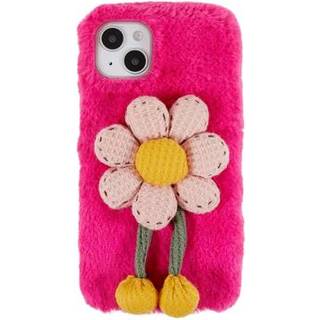 3D Plush Furry Vinter iPhone 14 Plus TPU Cover - Hot Pink Blomste