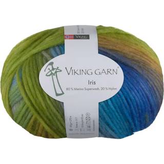 Viking Iris 422 Multi grøn/blå Indhold: 80% Superwash merinould, 20% nylon Vægt/længde: 100 g = 270 meter Anbefalede pinde: 5-7 mm Strikkefasthed: 10 x 10 cm = 15-16 m Vask: Max 30°C / Tørres fladt.