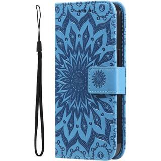 iPhone 15 Plus Læder Flip Cover m. Pung og Strop - Mandala Blomst - Blå