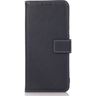 iPhone 15 Pro Litchi Læder Cover m. Hvide Sting og Pung - Mørkeblå