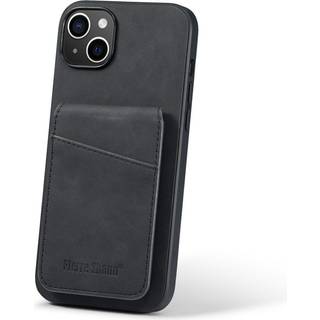 iPhone 13 Læderbelagt Plastik Bagside Cover m. Kortholdere og Ståfunktion - Sort