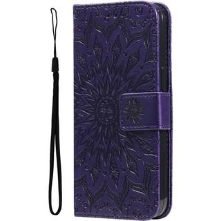 iPhone 15 Pro Max Læder Flip Cover m. Pung og Strop - Mandala Blomst - Lilla