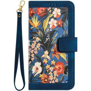 iPhone 15 Plus Læder Flip Cover m. Pung & Strop - Mørkeblå m. Blomster