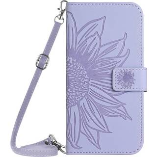 iPhone 15 Læder Flip Cover m. Pung & Strop - Solsikke Indgravering - Lys Lilla