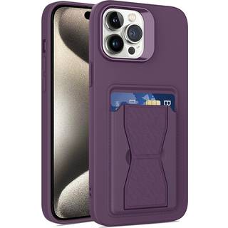 iPhone 15 Pro Max Fleksibelt Plastik Bagside Cover m. Kortholder & Kickstand - Mørkelilla