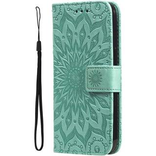 iPhone 15 Pro Max Læder Flip Cover m. Pung og Strop - Mandala Blomst - Grøn