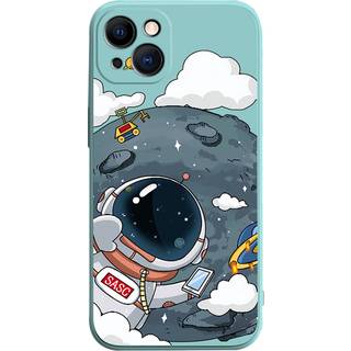 iPhone 14 Fleksibel Bagside Cover af Plastik m. Print - Astronaut På Månen / Turkis