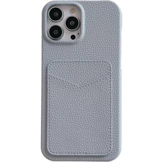 iPhone 15 Litchi Læderbetrukket Plastik Bagside Cover m. Kortholder - Grå