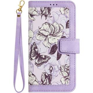 iPhone 15 Plus Læder Flip Cover m. Pung & Strop - Lilla m. Blomster