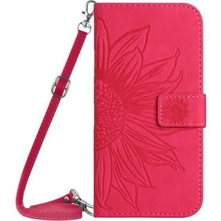 iPhone 15 Læder Flip Cover m. Pung & Strop - Solsikke Indgravering - Pink