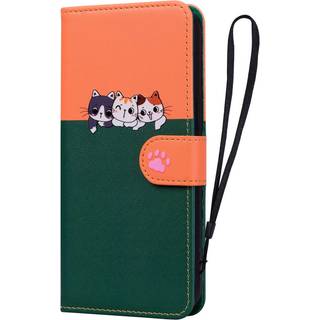 Samsung Galaxy S24 Flip Cover m. Strop / Ståfunktion / Kortholder - Orange / Grøn (katte)