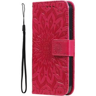 iPhone 15 Plus Læder Flip Cover m. Pung og Strop - Mandala Blomst - Rød
