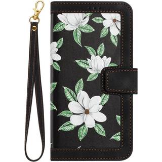 iPhone 15 Læder Flip Cover m. Pung & Strop - Sort m. Blomster