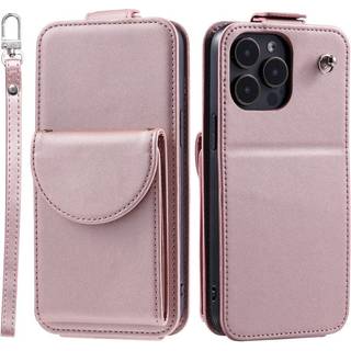 iPhone 15 Pro Vertikalt Kunst Læder Flip Cover m. Pung / Ståfunktion / Strop - Rose Gold