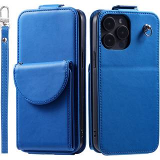 iPhone 15 Pro Vertikalt Kunst Læder Flip Cover m. Pung / Ståfunktion / Strop - Blå