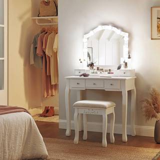 Vasagle Dressing Table -sæt, omklædningsbord, polstret afføring, 10 pærer, hvid
