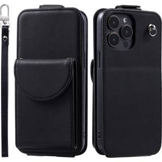 iPhone 15 Pro Vertikalt Kunst Læder Flip Cover m. Pung / Ståfunktion / Strop - Sort