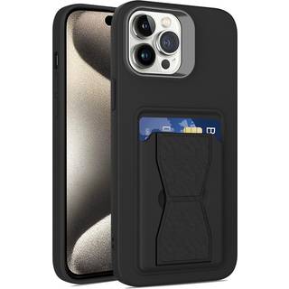 iPhone 15 Pro Max Fleksibelt Plastik Bagside Cover m. Kortholder & Kickstand - Sort