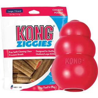 Kong Classic Toy & Ziggies behandler kombinationspakke - holdbart chew legetøj til hunde - med Ziggies kyllingemagsstof