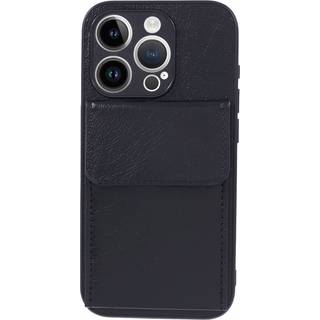 iPhone 15 Pro Læderbetrukket Fleksibelt Plastik Bagside Cover m. Kortholder - Sort
