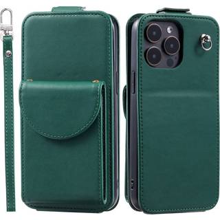 iPhone 15 Pro Max Vertikalt Kunst Læder Flip Cover m. Pung / Ståfunktion / Strop - Grøn