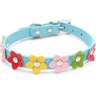 Hvalpehalsbånd til piger – Lyserødt hundehalsbånd med rhinesten, sløjfe og knude, krystal, farverige blomster – blå