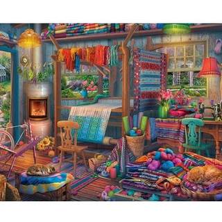 Springbok Weavers hytte 1000 stykker puslespil for voksne har et farverigt sommerhus med en vævers væv og farverige garn - lavet i USA med sammen