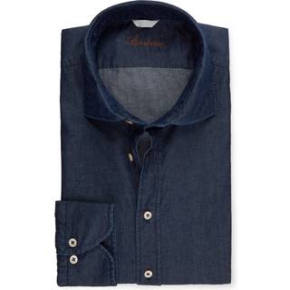 Stenströms Afslappet Mørkeblå skjorte i strækbar denim | Herre |Herreskjorter | Slimline | Størrelse: M | Mørkeblå | Solid | Lange Ærmer