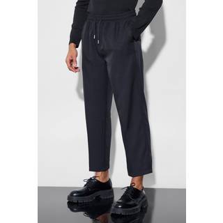 Mens Black Drawcord Cropped Slim Fit Tailored Trousers